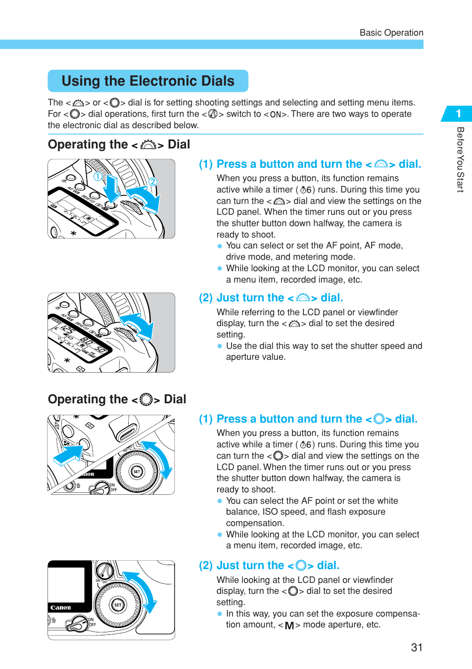 Using the electronic dials | Canon EOS 10D User Manual | Page 31 / 183