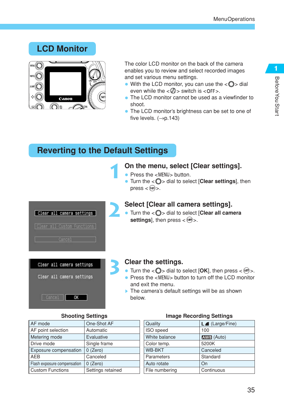 Lcd monitor, Reverting to the default settings | Canon EOS 10D User Manual | Page 35 / 183