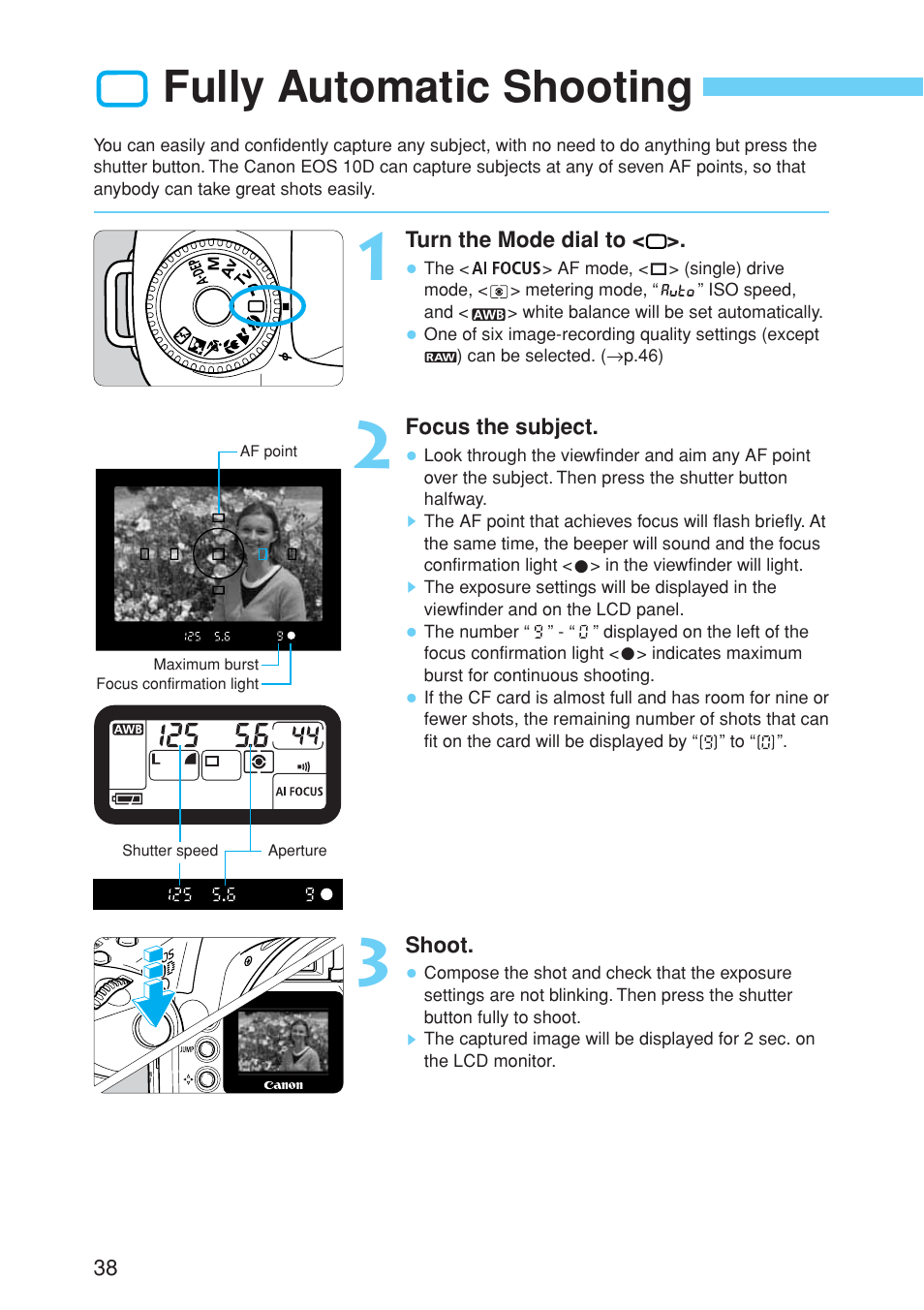 Fully automatic shooting | Canon EOS 10D User Manual | Page 38 / 183