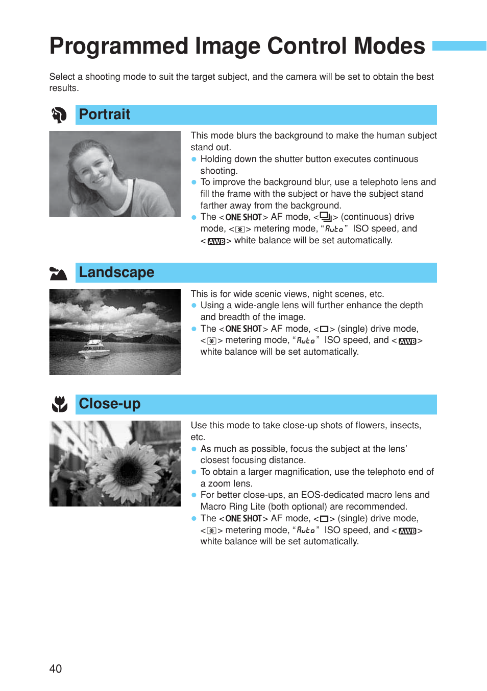 Programmed image control modes, Portrait, Landscape | Close-up | Canon EOS 10D User Manual | Page 40 / 183