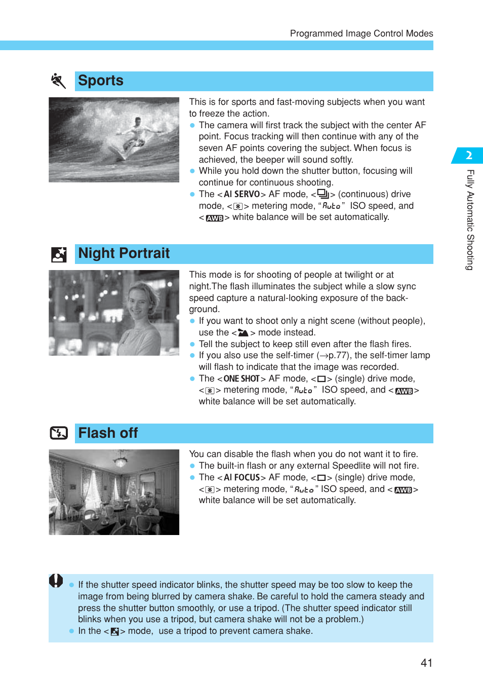 Sports, Night portrait, Flash off | Canon EOS 10D User Manual | Page 41 / 183