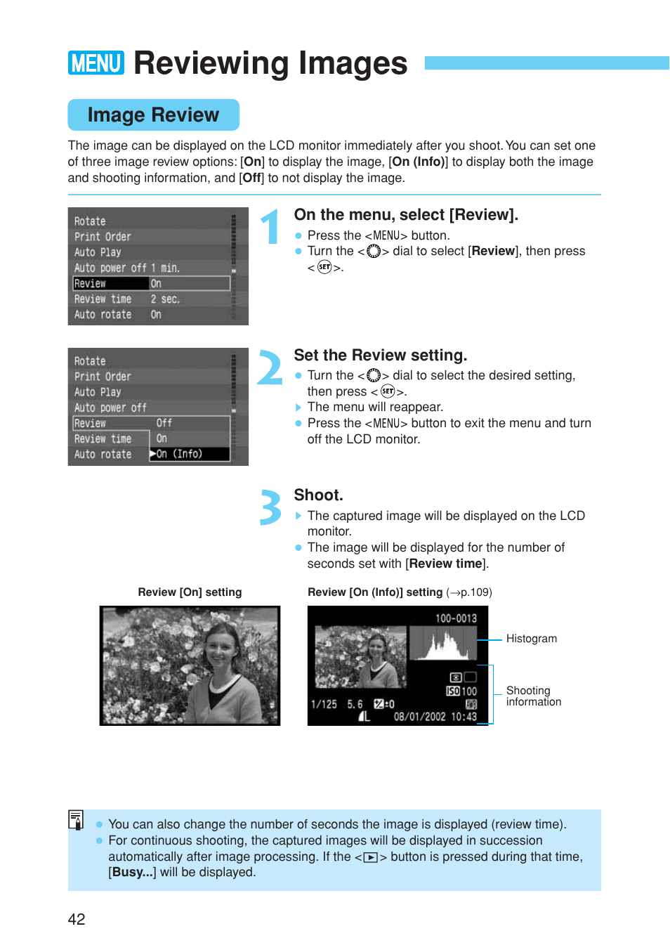 Reviewing images | Canon EOS 10D User Manual | Page 42 / 183