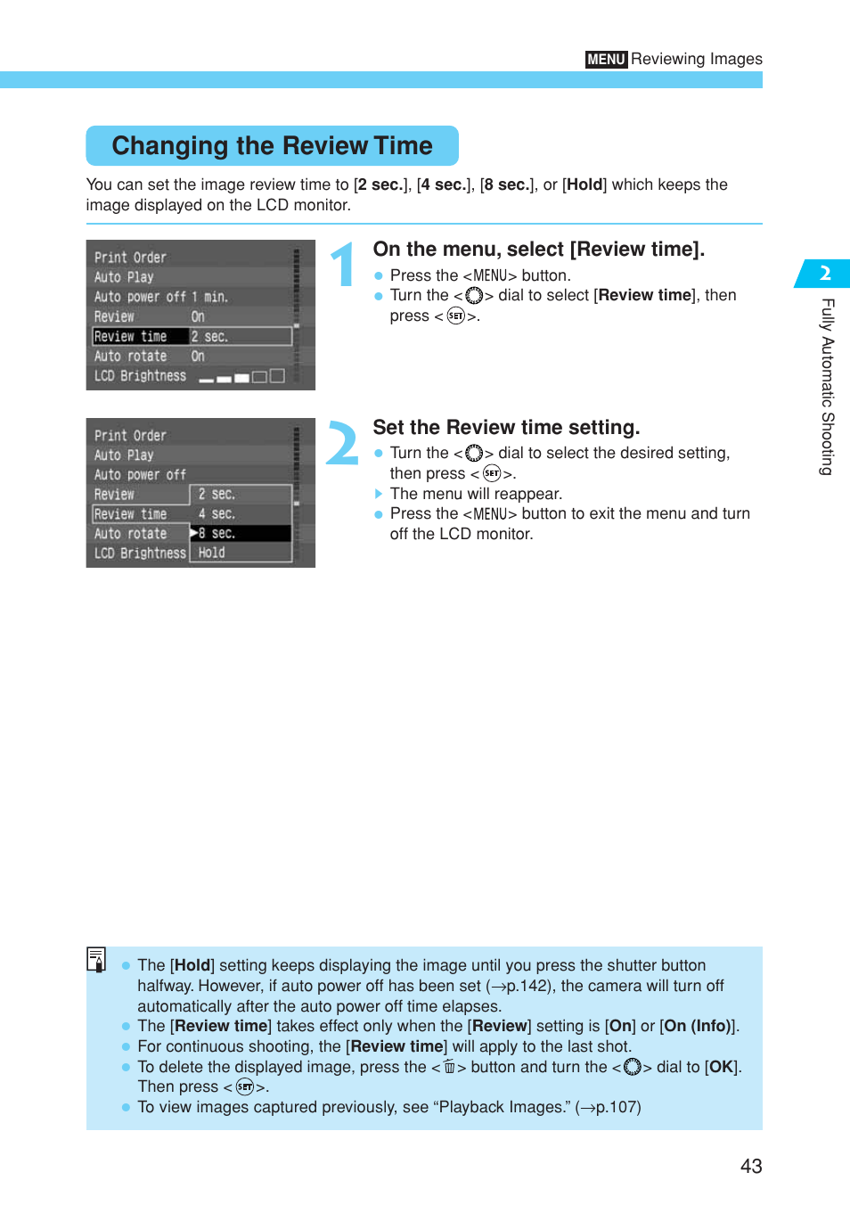 Changing the review time | Canon EOS 10D User Manual | Page 43 / 183