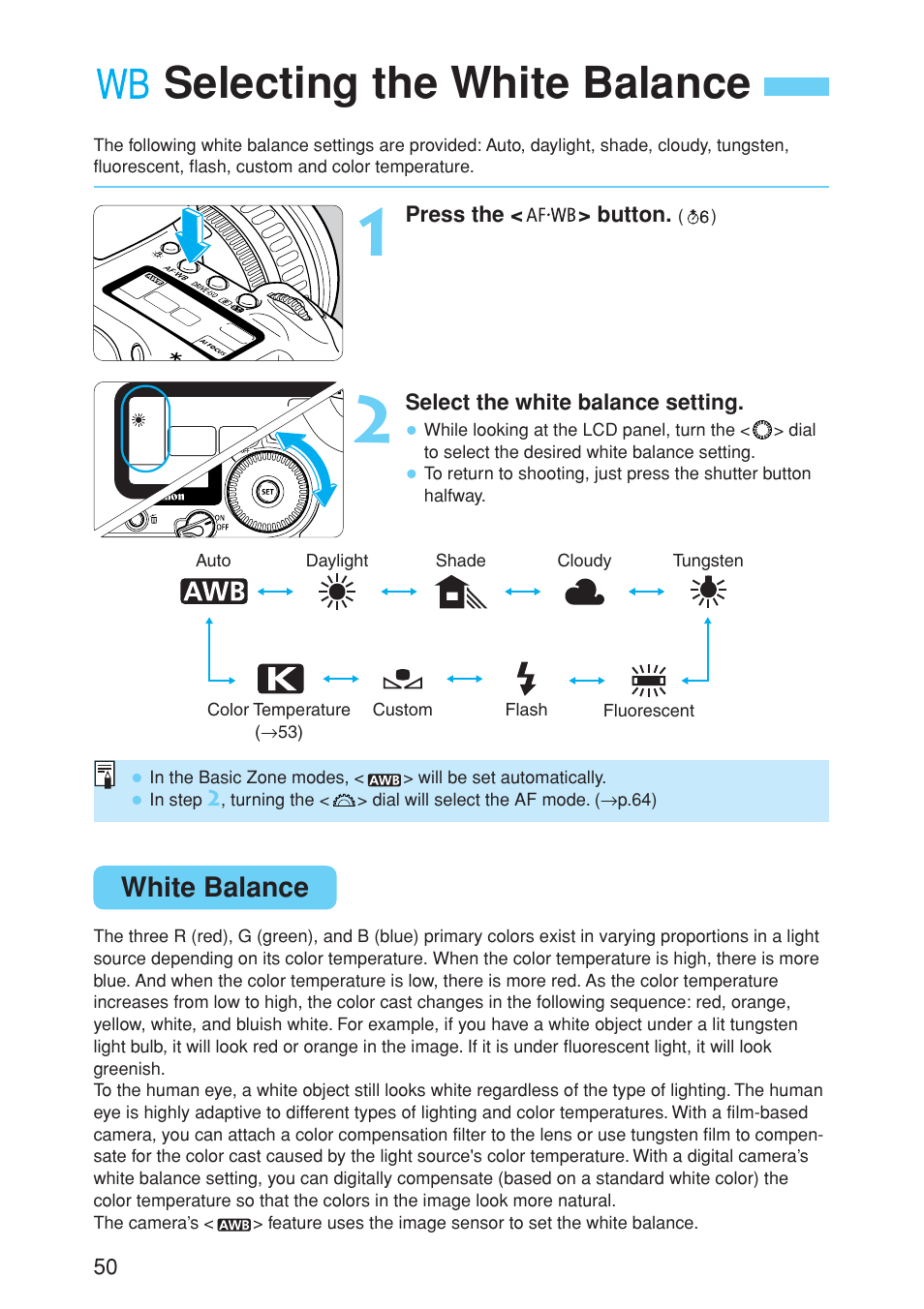 Selecting the white balance, White balance | Canon EOS 10D User Manual | Page 50 / 183