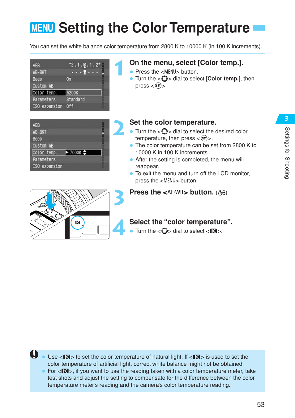 Setting the color temperature | Canon EOS 10D User Manual | Page 53 / 183