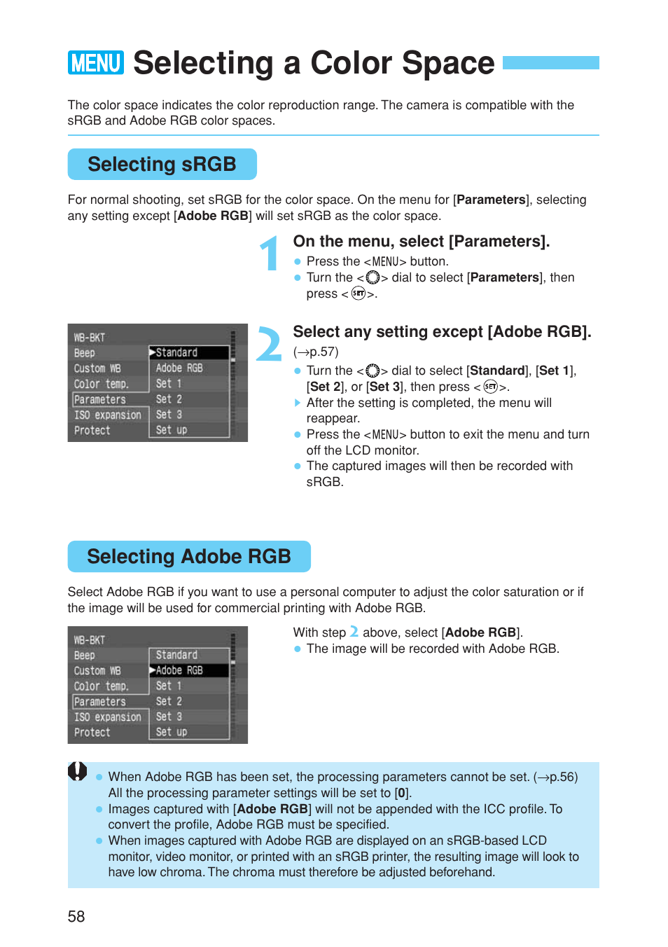 Selecting a color space | Canon EOS 10D User Manual | Page 58 / 183