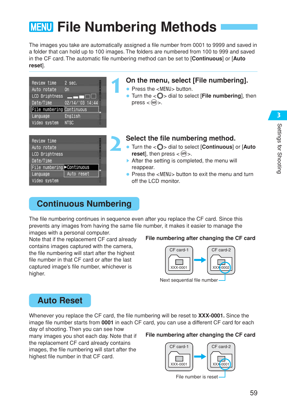 File numbering methods, Continuous numbering, Auto reset | Canon EOS 10D User Manual | Page 59 / 183