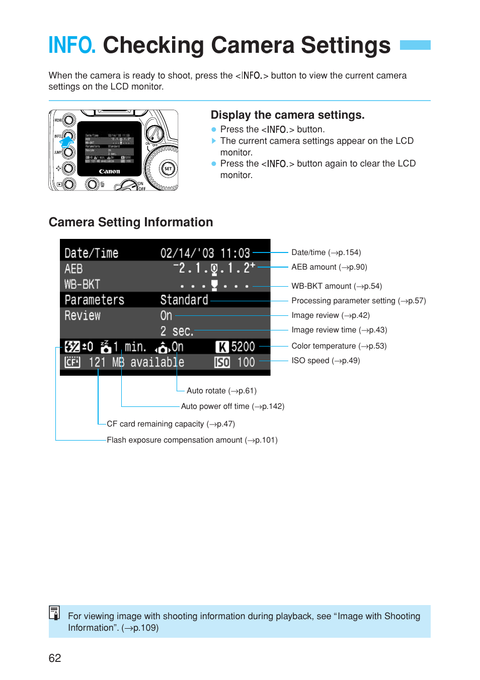 Info. checking camera settings, Camera setting information | Canon EOS 10D User Manual | Page 62 / 183