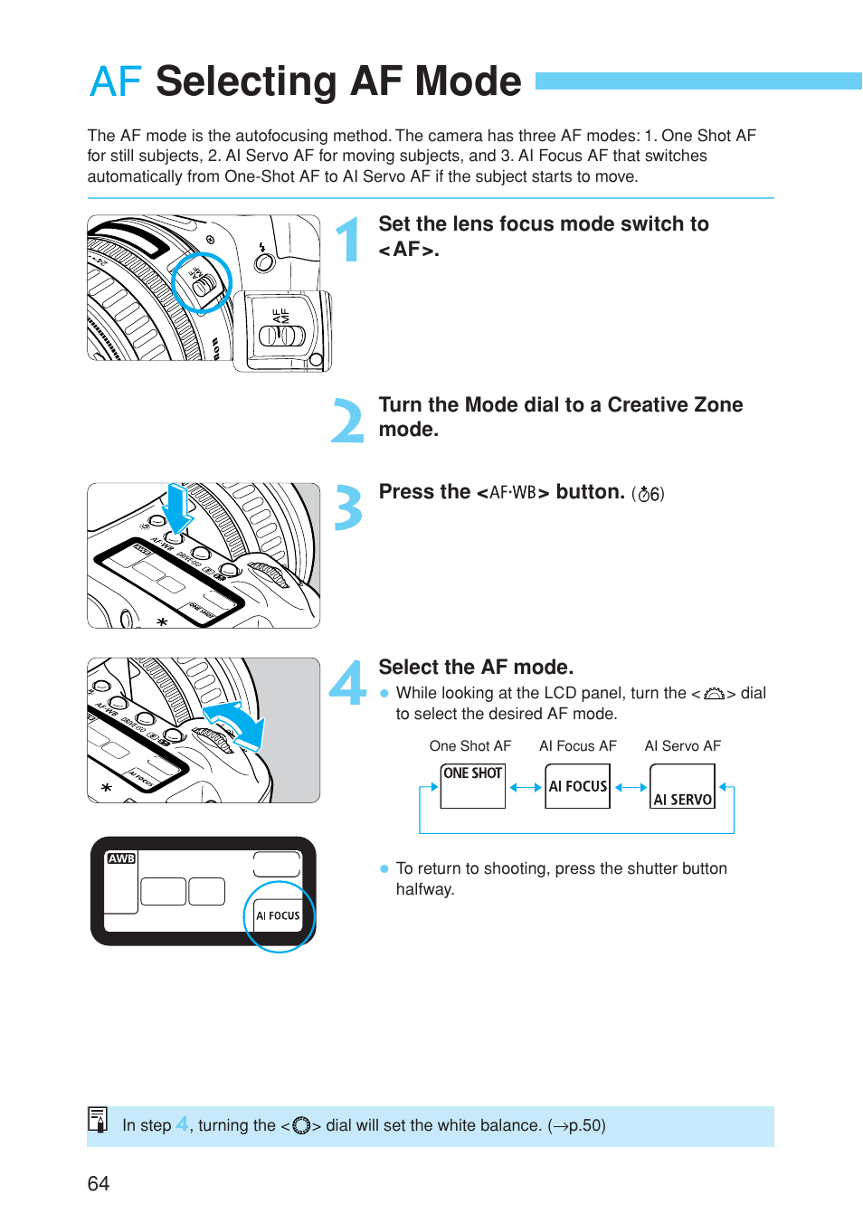 Selecting af mode | Canon EOS 10D User Manual | Page 64 / 183