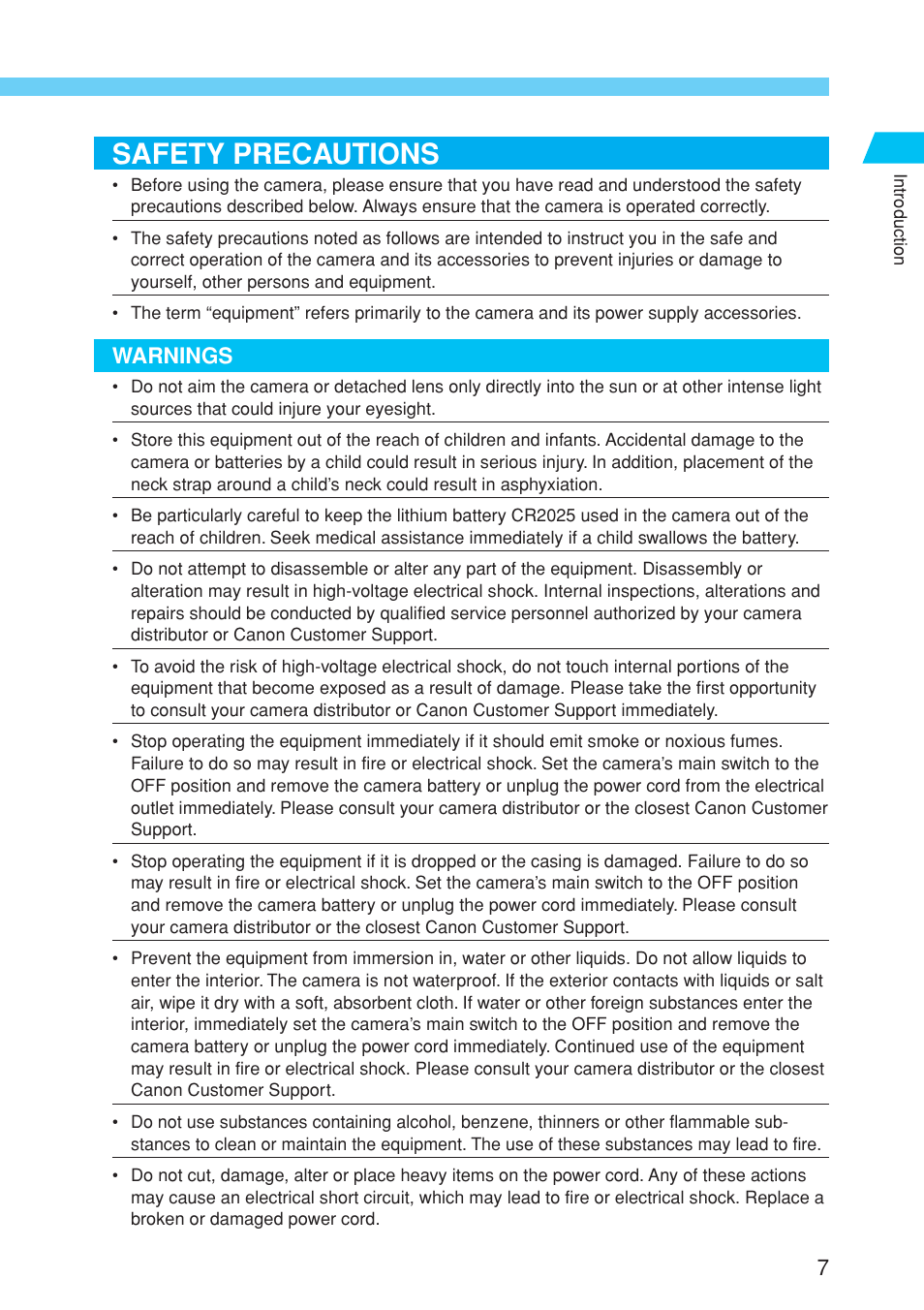 Safety precautions | Canon EOS 10D User Manual | Page 7 / 183