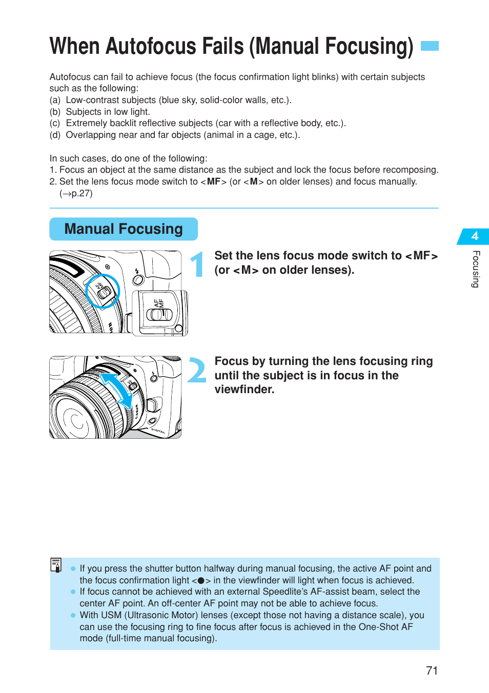 When autofocus fails (manual focusing) | Canon EOS 10D User Manual | Page 71 / 183