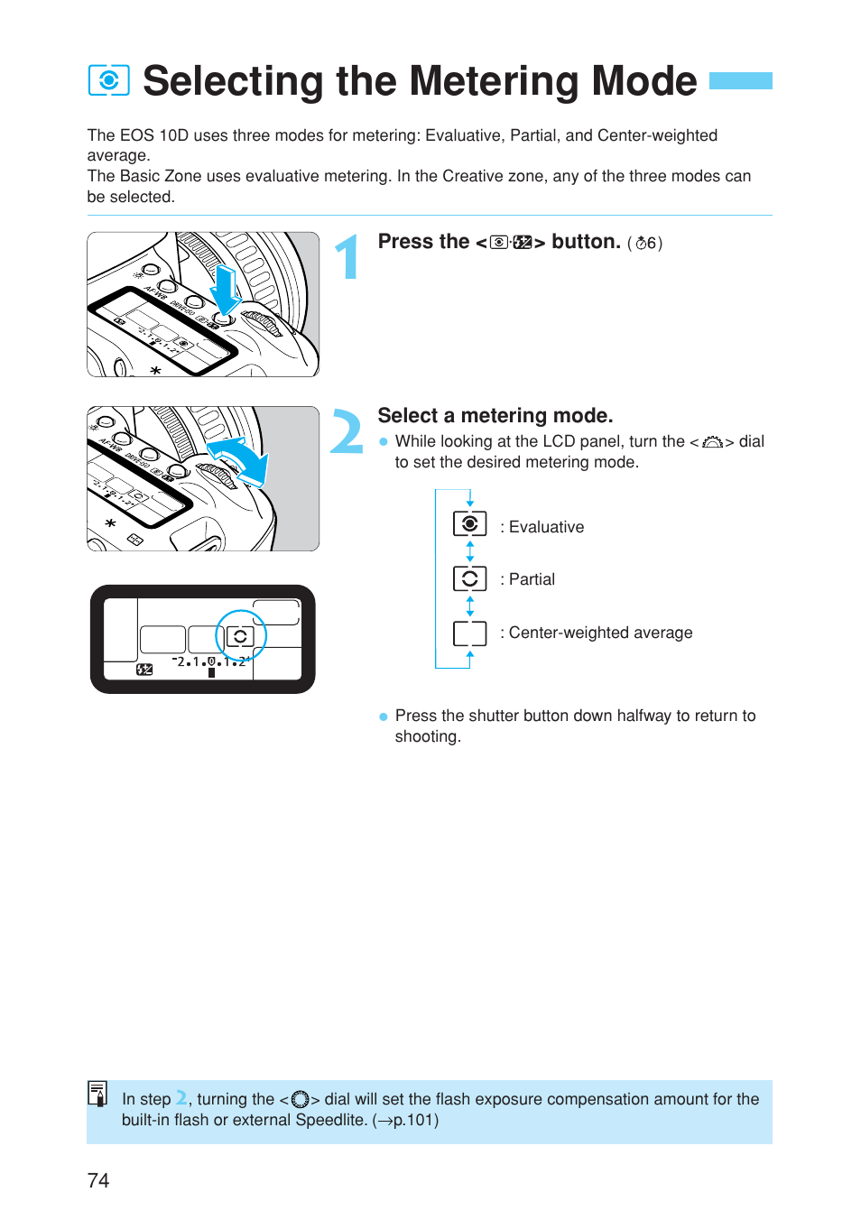 Selecting the metering mode | Canon EOS 10D User Manual | Page 74 / 183