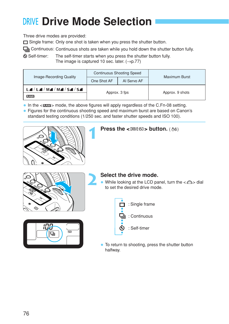 Drive mode selection | Canon EOS 10D User Manual | Page 76 / 183