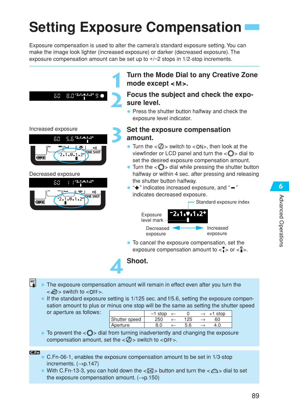 Setting exposure compensation | Canon EOS 10D User Manual | Page 89 / 183