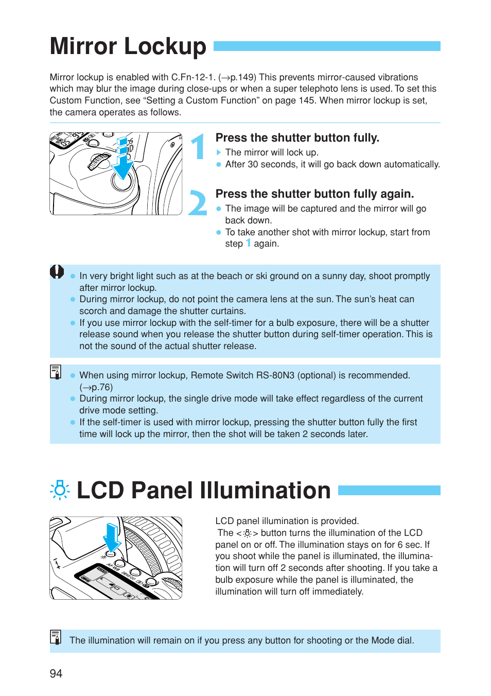 Mirror lockup lcd panel illumination | Canon EOS 10D User Manual | Page 94 / 183