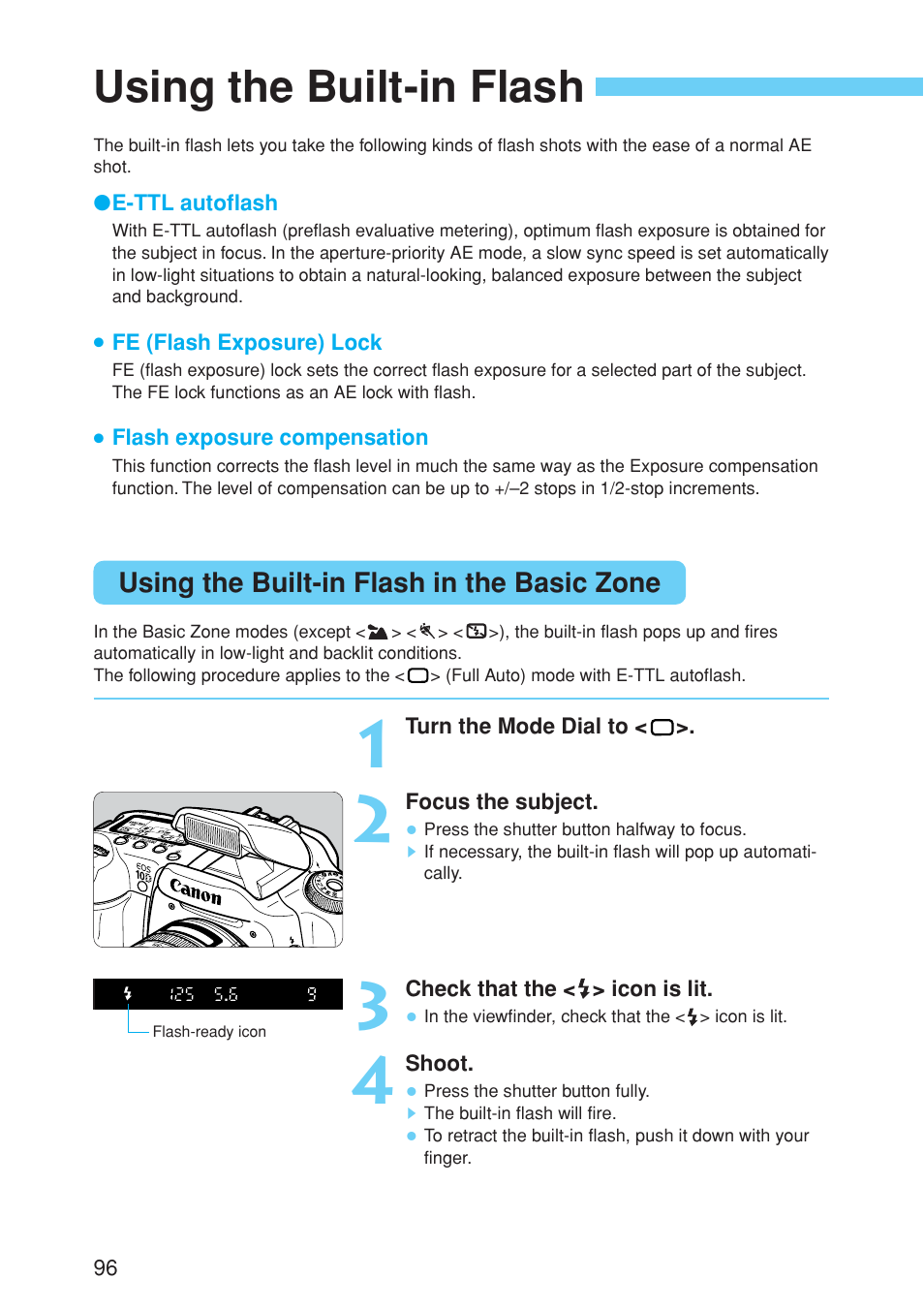 Using the built-in flash | Canon EOS 10D User Manual | Page 96 / 183