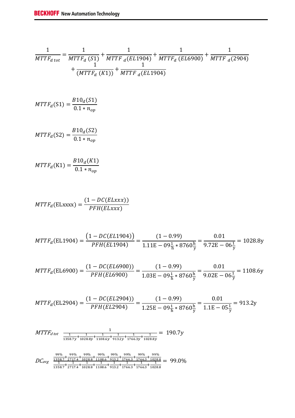 Mttf, 1ܯܶܶܨ, 1 ܯܶܶܨ | ሺܵ1ሻ ൅ 1 ܯܶܶܨ, ሺܭ1ሻሻ ൅ 1 ܯܶܶܨ, ሺܧܮ1904ሻ, ܯܶܶܨ, ሺs1ሻ ൌ ܤ10, ሺܵ1ሻ 0.1 כ, ሺs2ሻ ൌ ܤ10 | BECKHOFF TwinSAFE User Manual | Page 107 / 140