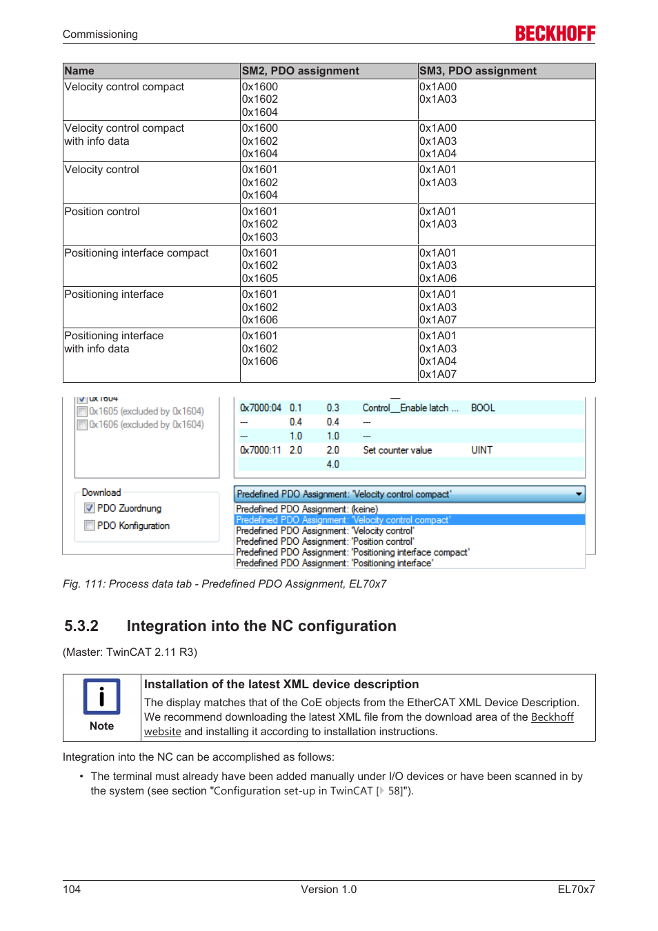 2 integration into the nc configuration, Integration into the nc configuration | BECKHOFF EL7037 User Manual | Page 104 / 227