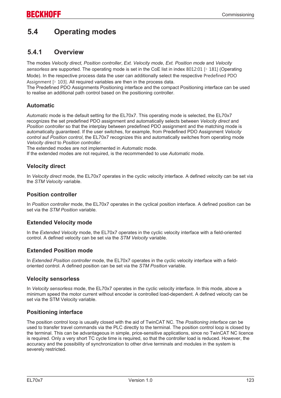 4 operating modes, 1 overview | BECKHOFF EL7037 User Manual | Page 123 / 227