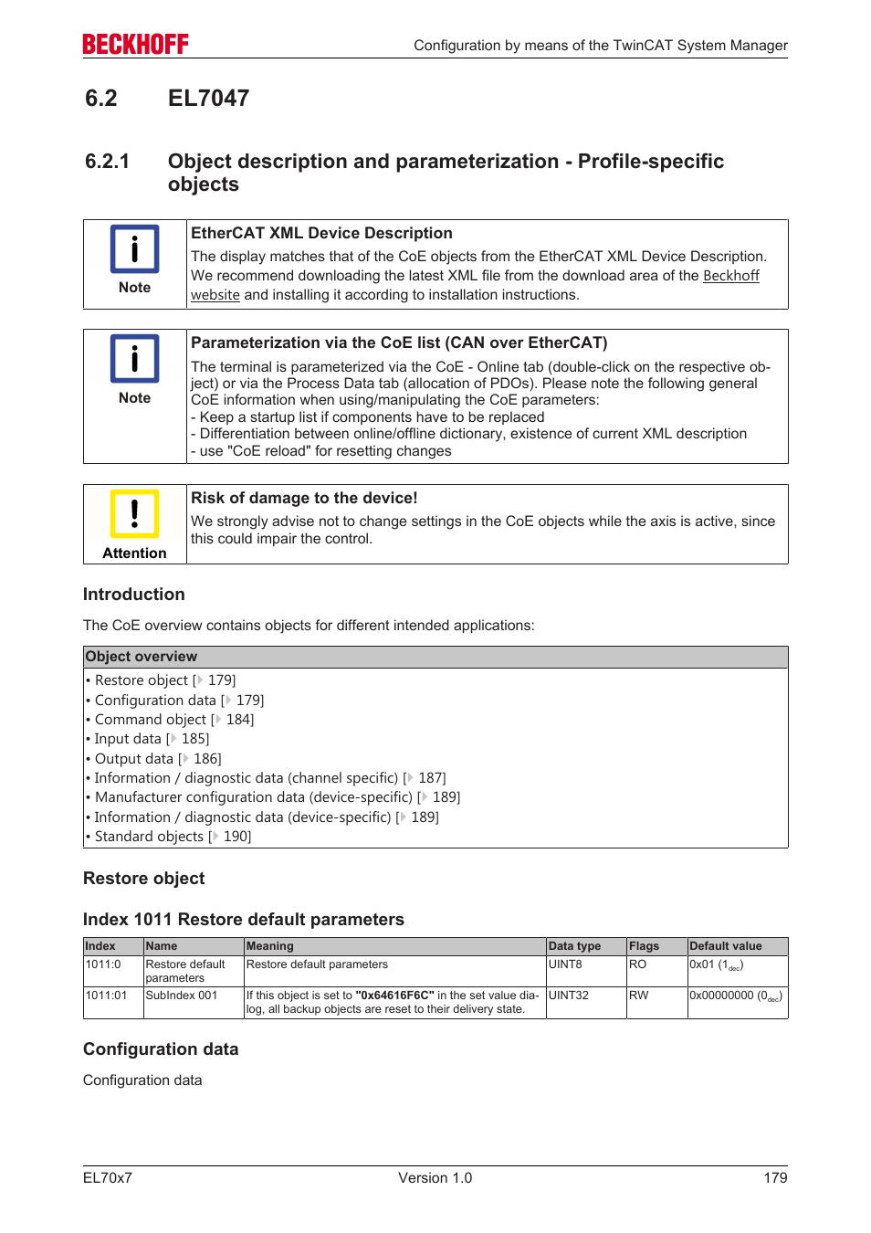 2 el7047, Object description and parameterisation, Introduction | Configuration data | BECKHOFF EL7037 User Manual | Page 179 / 227