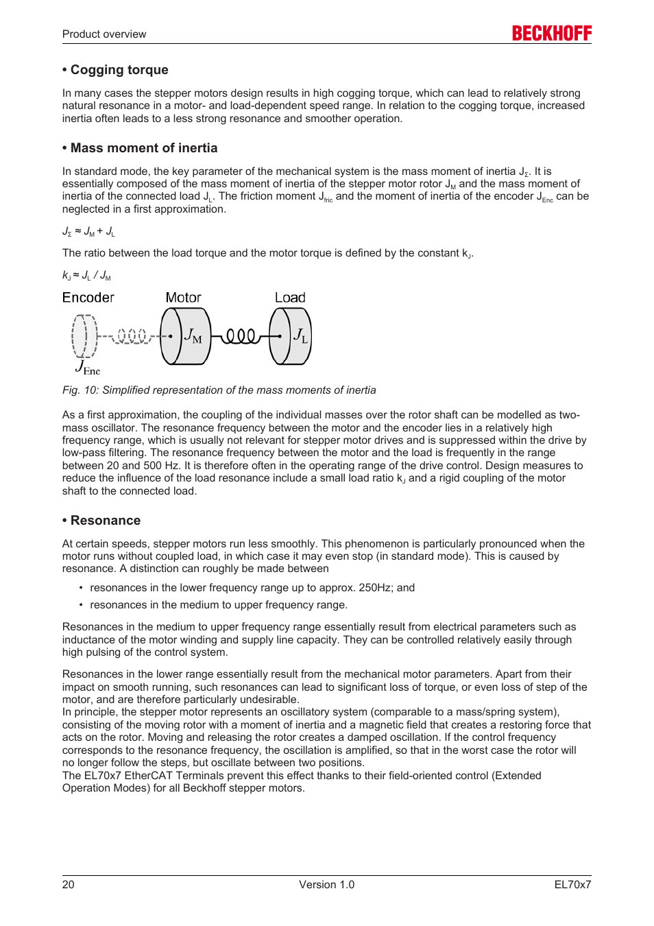 Cogging torque, Mass moment of inertia, Resonance | BECKHOFF EL7037 User Manual | Page 20 / 227