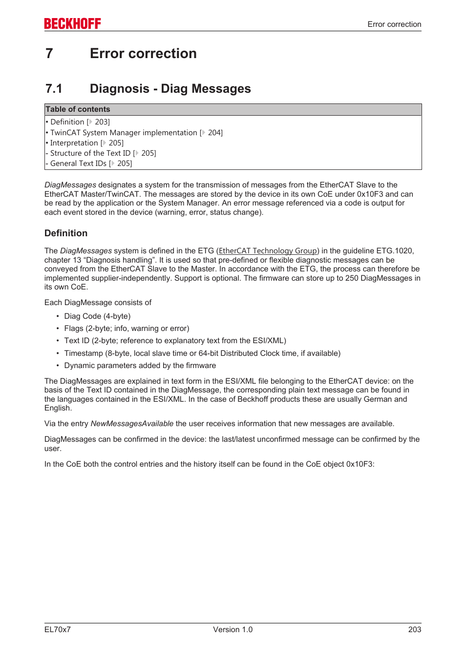 7 error correction, 1 diagnosis - diag messages, 7error correction | BECKHOFF EL7037 User Manual | Page 203 / 227