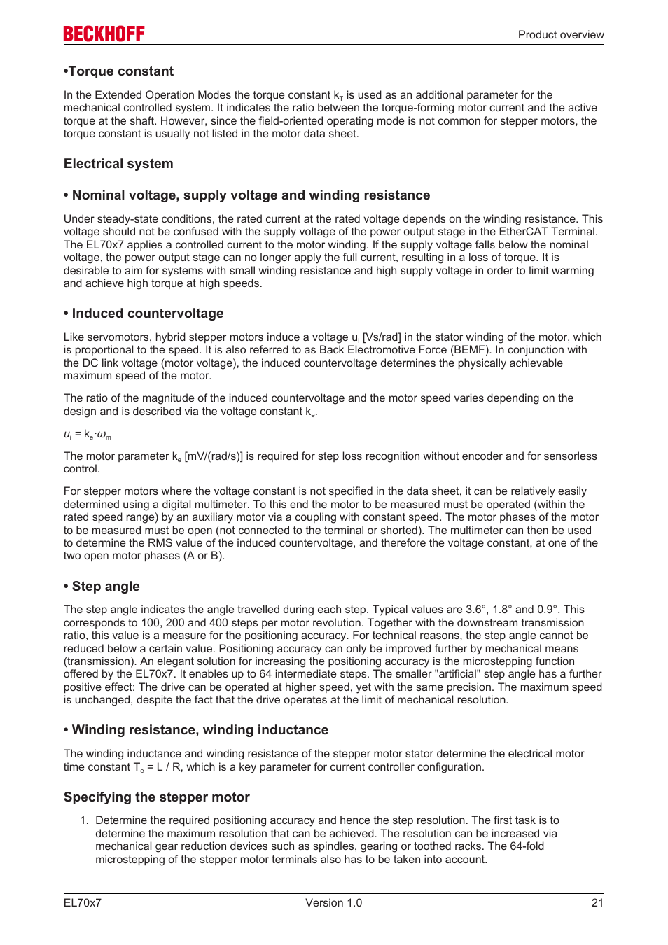 Torque constant, Induced countervoltage, Step angle | Winding resistance, winding inductance, Specifying the stepper motor | BECKHOFF EL7037 User Manual | Page 21 / 227
