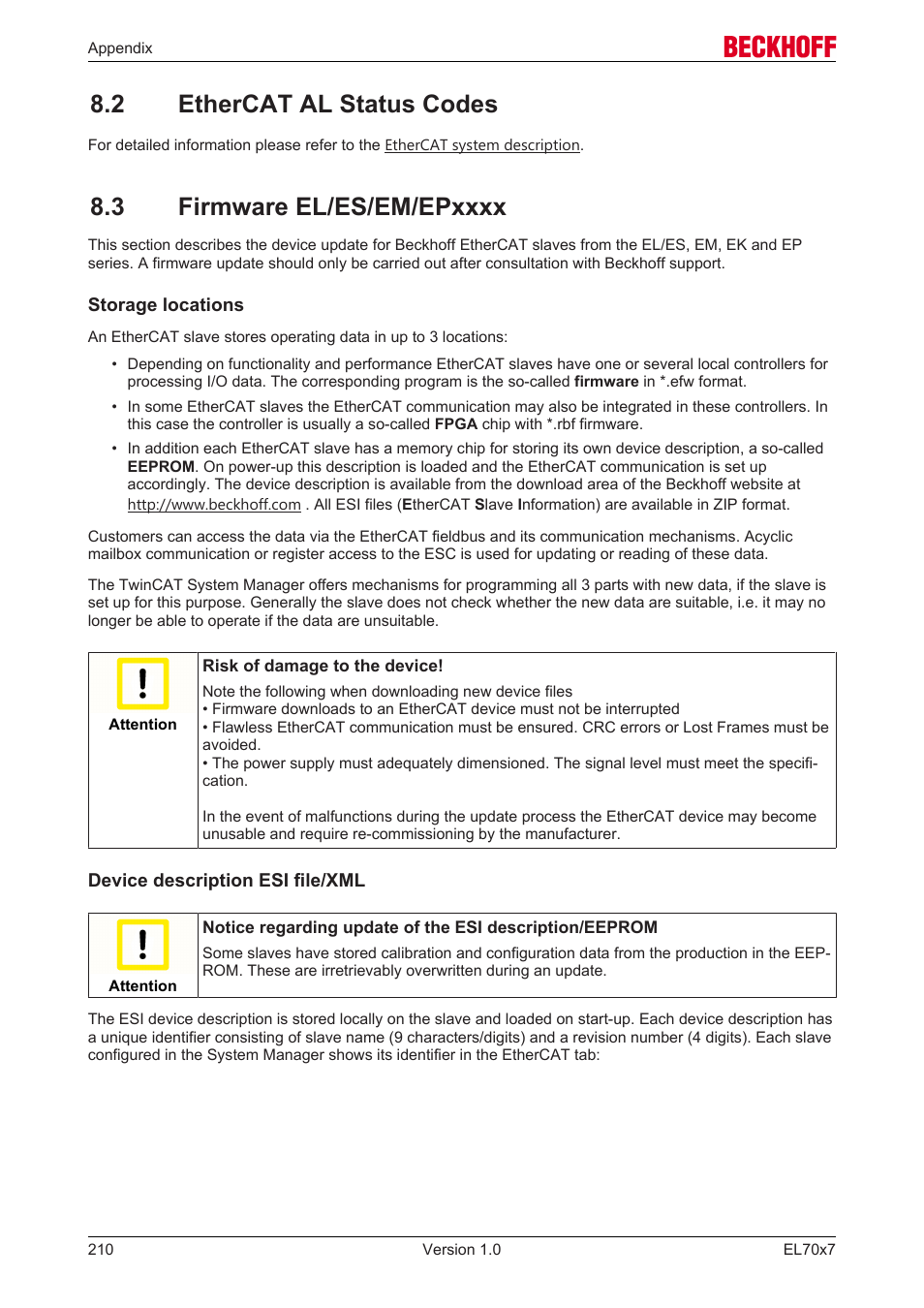 2 ethercat al status codes, 3 firmware el/es/em/epxxxx | BECKHOFF EL7037 User Manual | Page 210 / 227