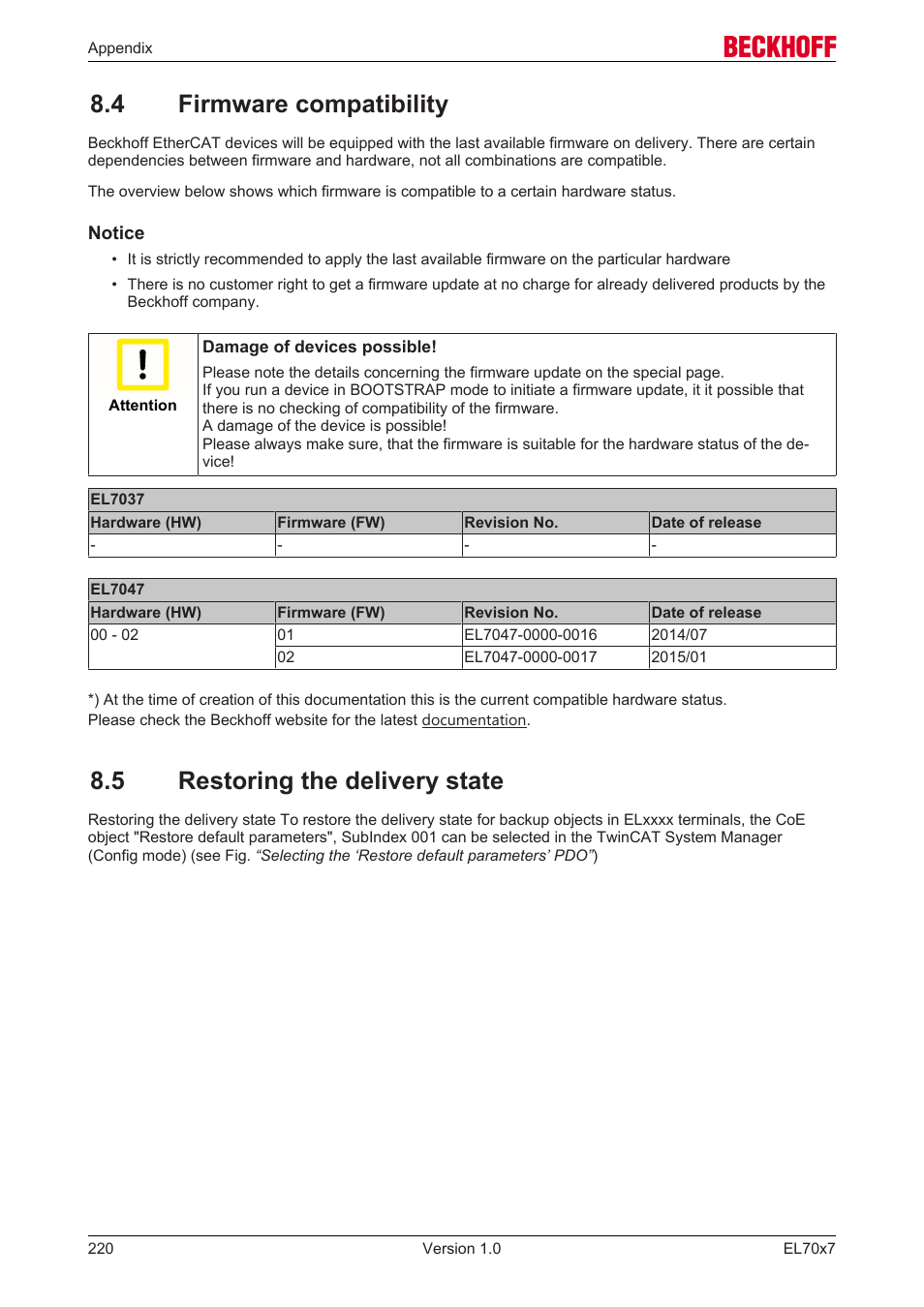 4 firmware compatibility, 5 restoring the delivery state | BECKHOFF EL7037 User Manual | Page 220 / 227