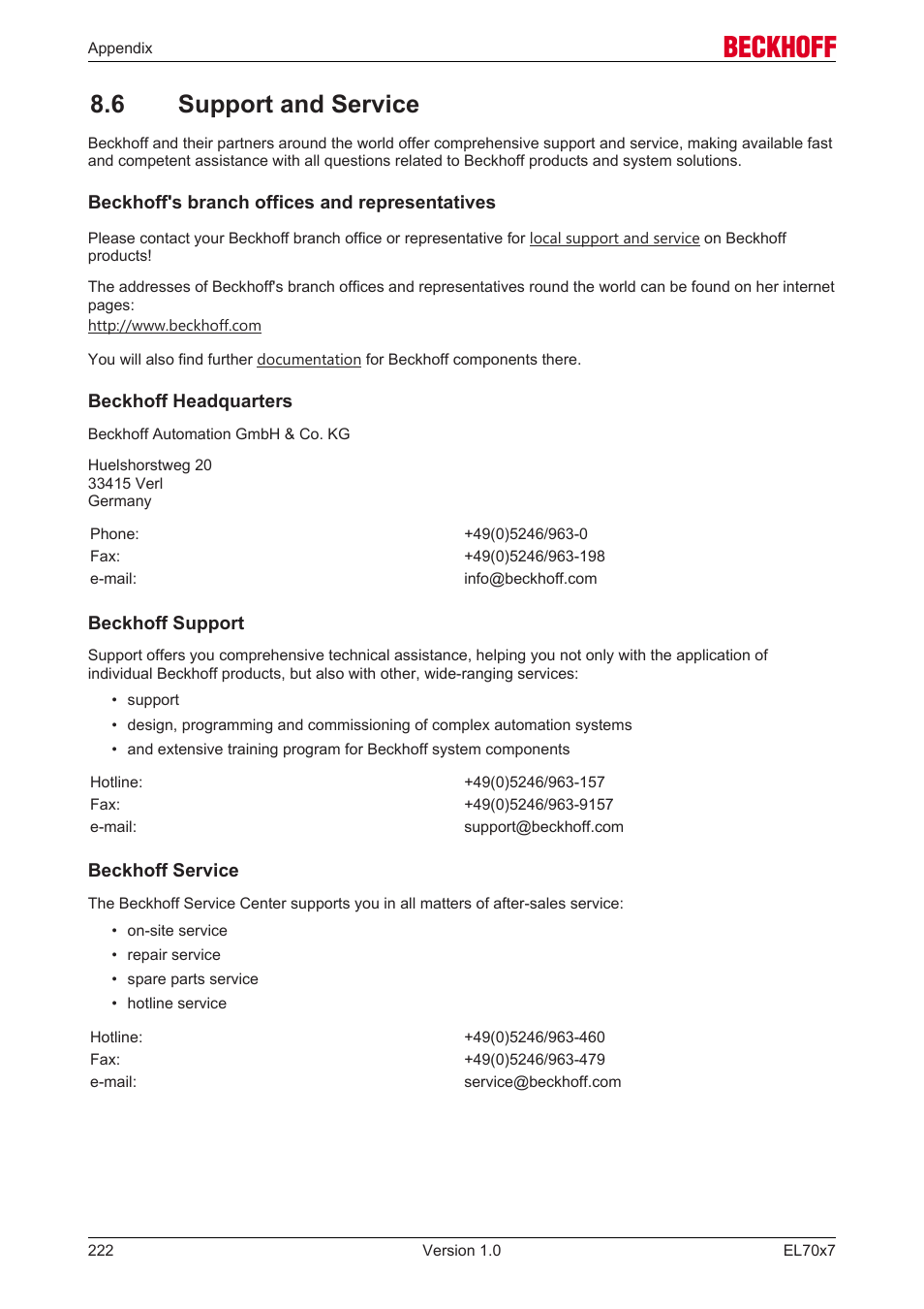 6 support and service | BECKHOFF EL7037 User Manual | Page 222 / 227