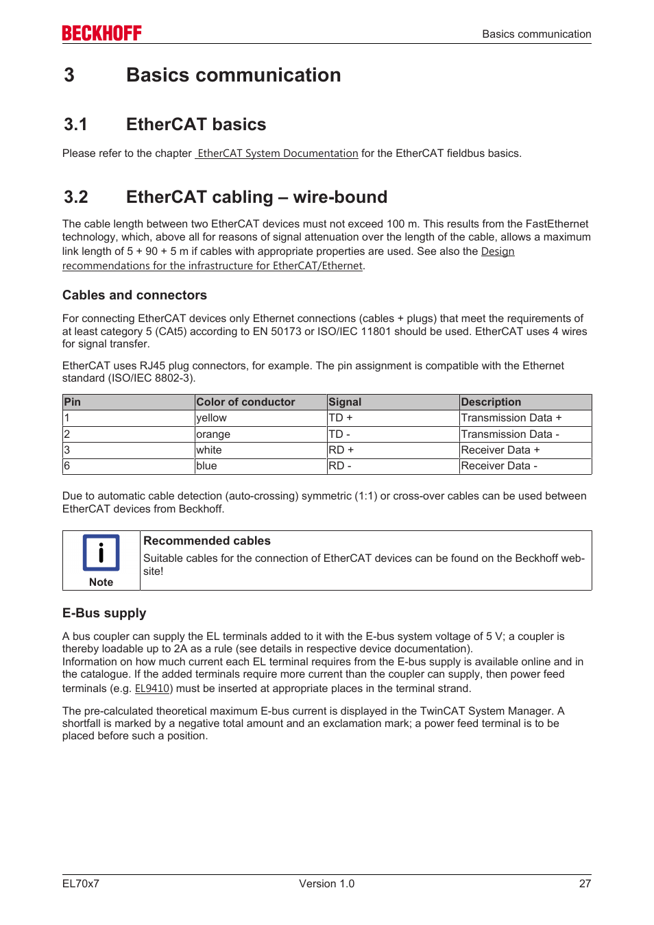 3 basics communication, 1 ethercat basics, 2 ethercat cabling – wire-bound | 3basics communication | BECKHOFF EL7037 User Manual | Page 27 / 227