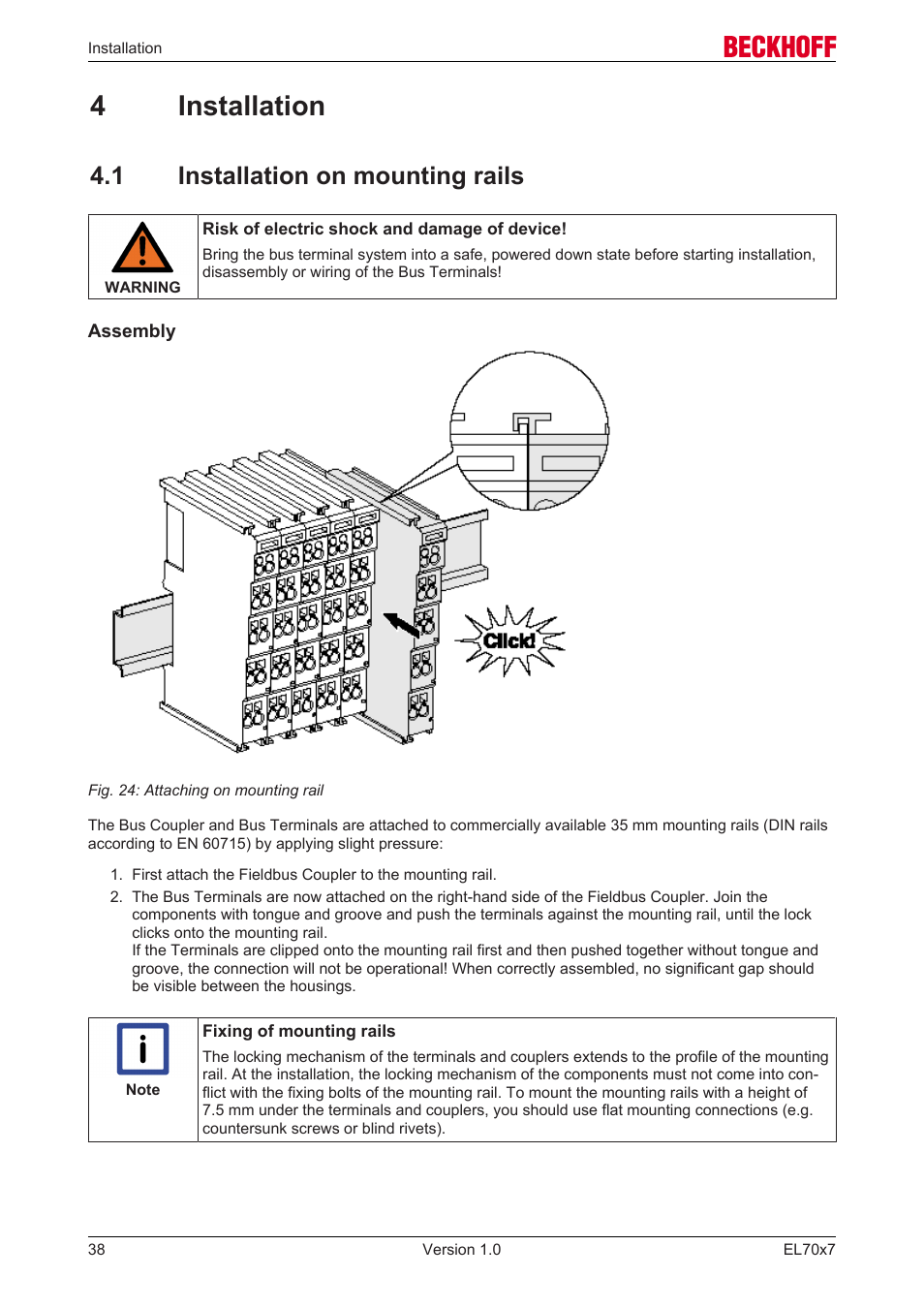 4 installation, 1 installation on mounting rails, 4installation | BECKHOFF EL7037 User Manual | Page 38 / 227