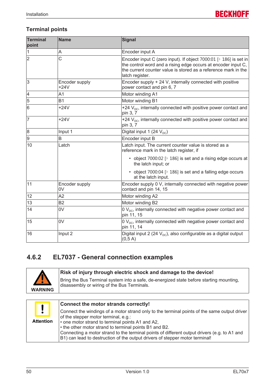 2 el7037 - general connection examples, Connection examples | BECKHOFF EL7037 User Manual | Page 50 / 227