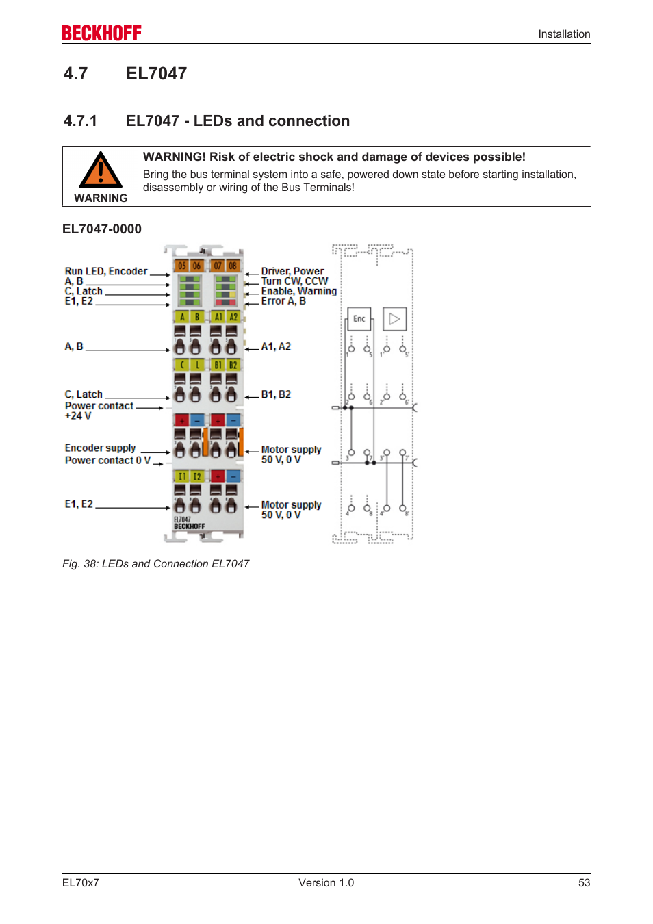 7 el7047, 1 el7047 - leds and connection, Leds and pin assignment | BECKHOFF EL7037 User Manual | Page 53 / 227