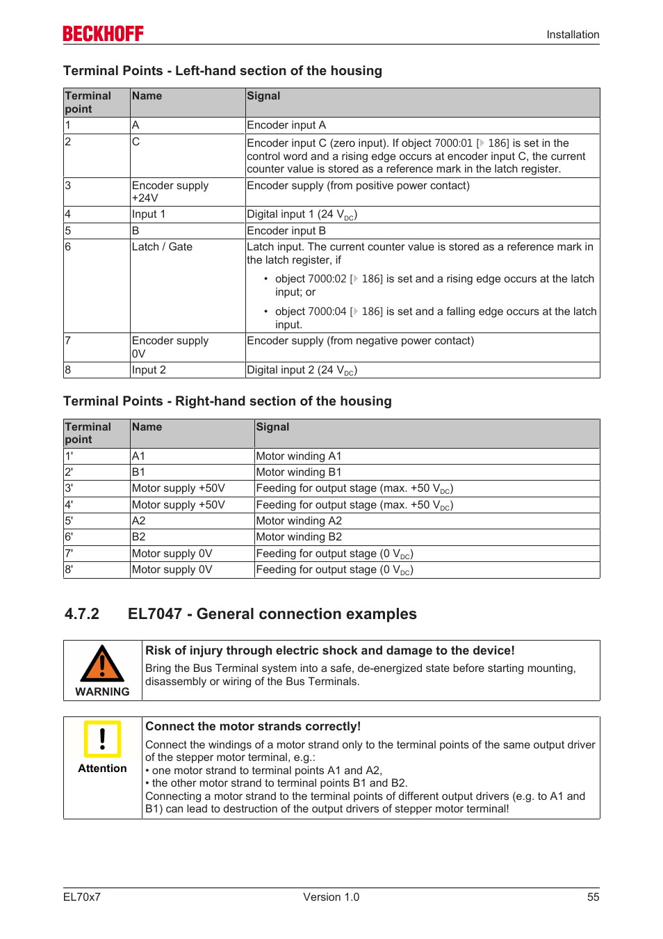 2 el7047 - general connection examples, Connection examples | BECKHOFF EL7037 User Manual | Page 55 / 227