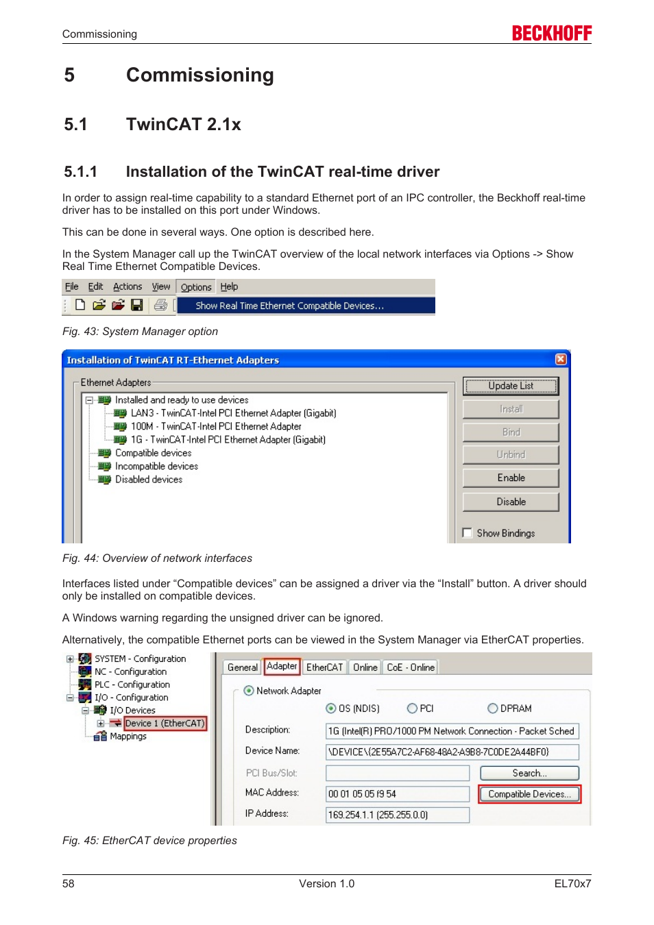 5 commissioning, 1 twincat 2.1x, 1 installation of the twincat real-time driver | Installation under twincat, 5commissioning | BECKHOFF EL7037 User Manual | Page 58 / 227