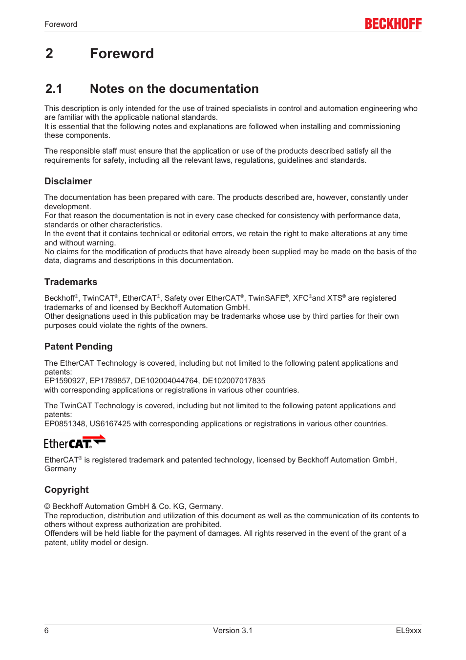 2 foreword, 1 notes on the documentation, 2foreword | BECKHOFF EL9xxx User Manual | Page 6 / 100