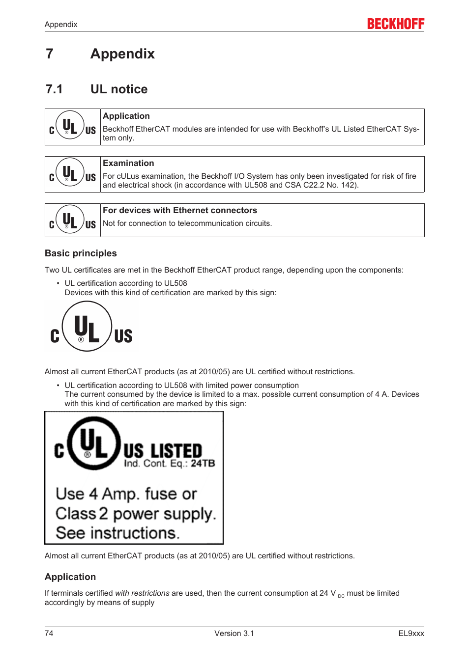 7 appendix, 1 ul notice, Culus | 74] for canada and usa), 0°c ... +55°c (according to culus, 7appendix | BECKHOFF EL9xxx User Manual | Page 74 / 100