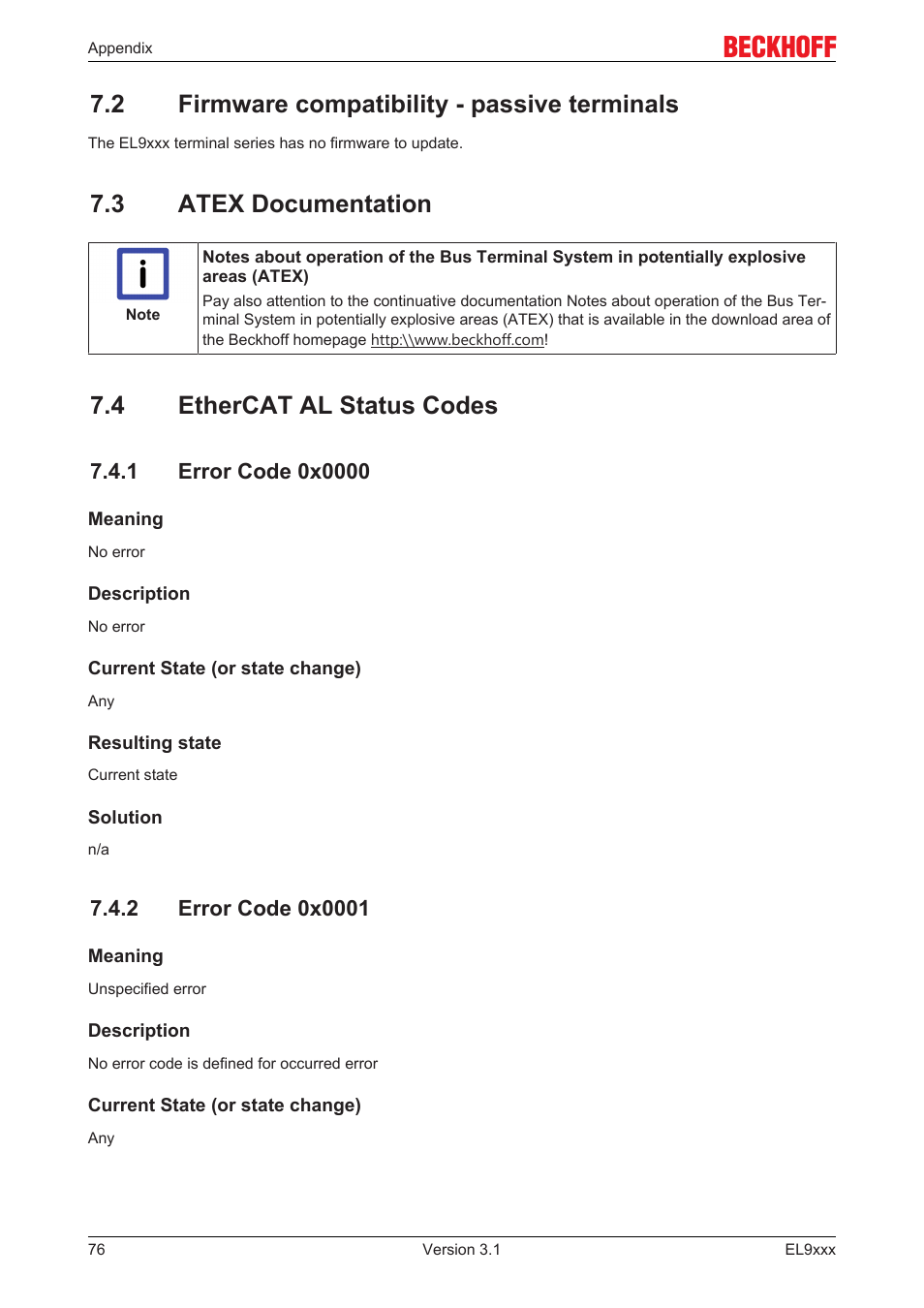 2 firmware compatibility - passive terminals, 3 atex documentation, 4 ethercat al status codes | 1 error code 0x0000, 2 error code 0x0001, 2 firmware compatibility ­ passive terminals | BECKHOFF EL9xxx User Manual | Page 76 / 100