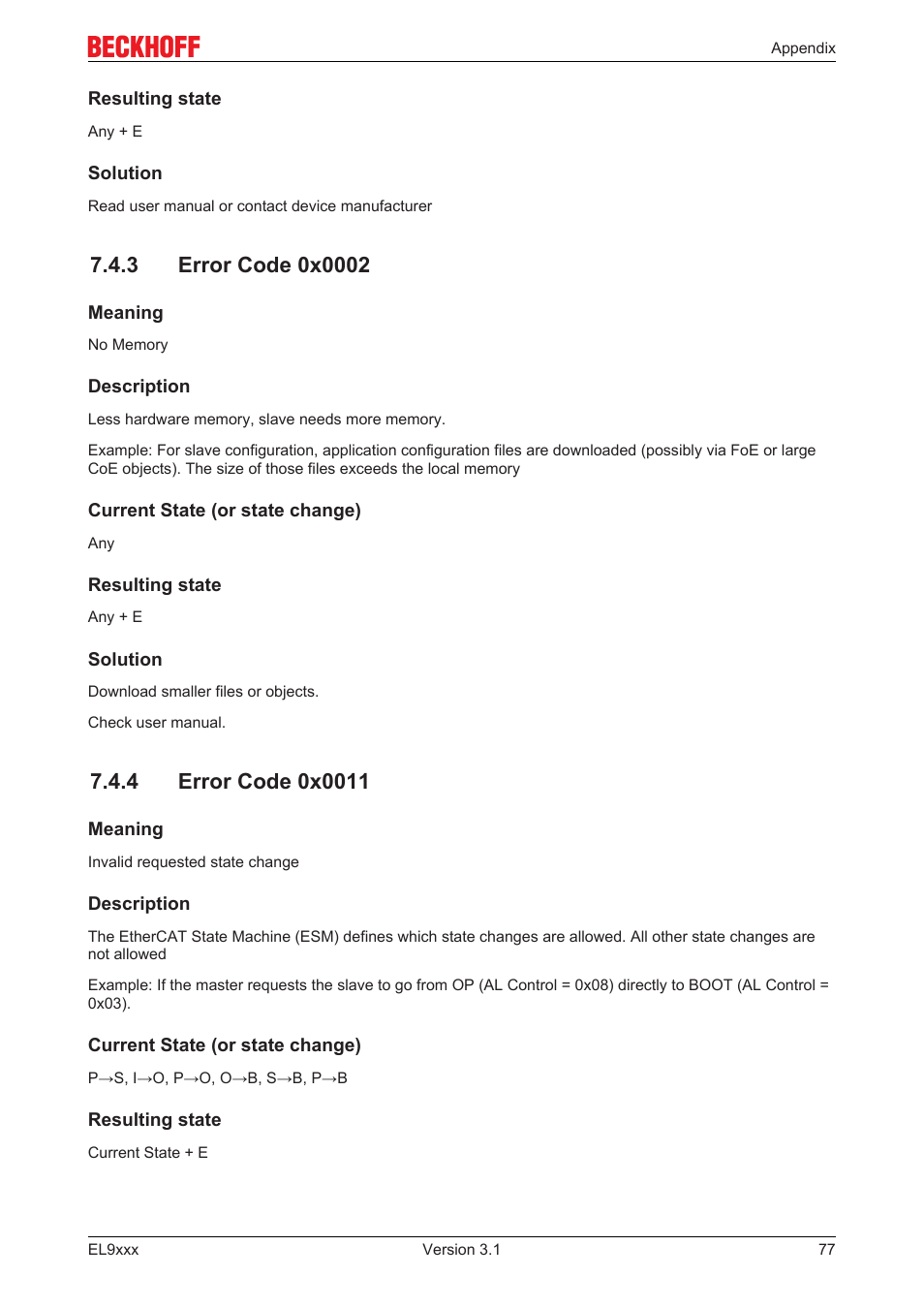 3 error code 0x0002, 4 error code 0x0011 | BECKHOFF EL9xxx User Manual | Page 77 / 100