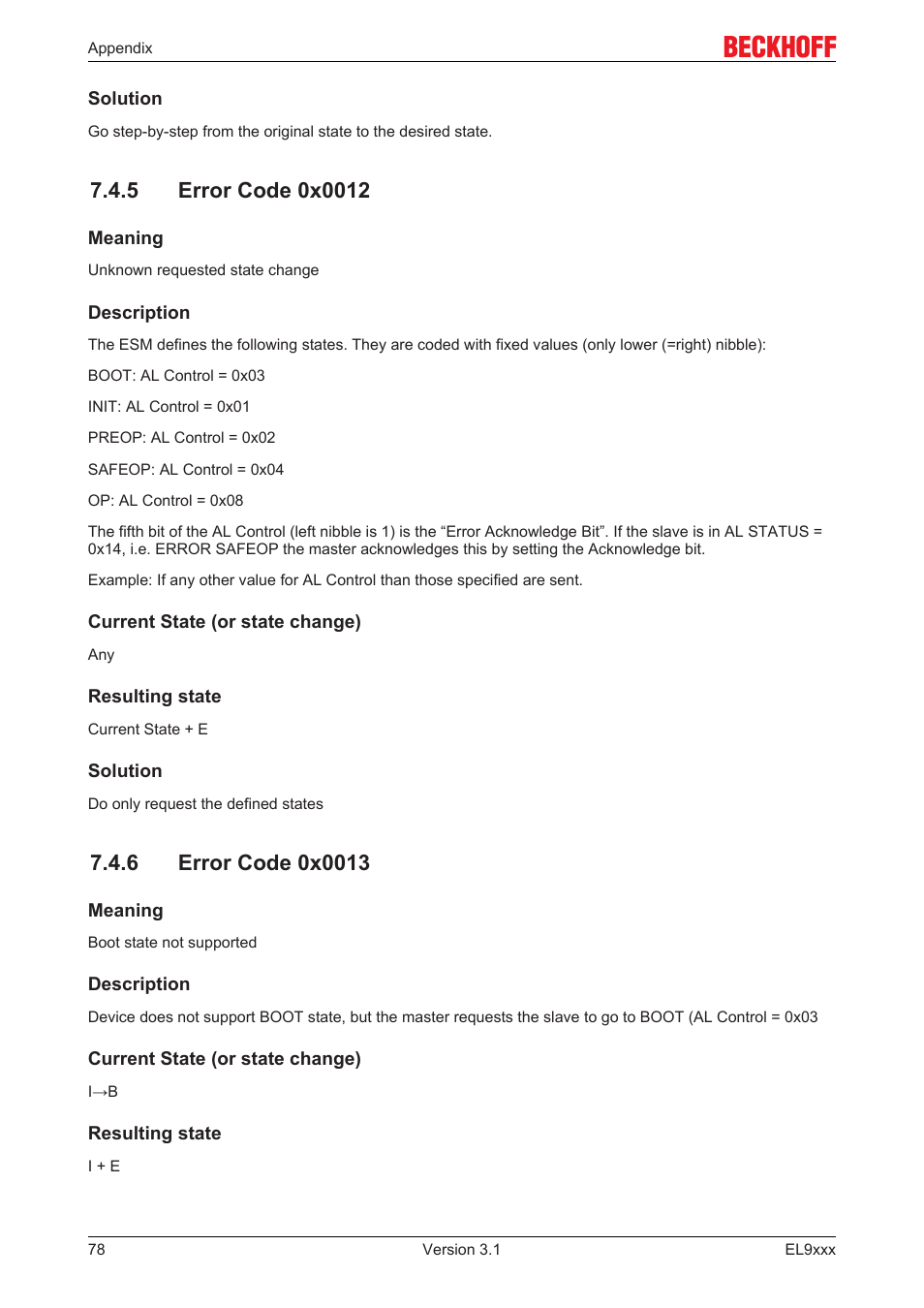5 error code 0x0012, 6 error code 0x0013 | BECKHOFF EL9xxx User Manual | Page 78 / 100