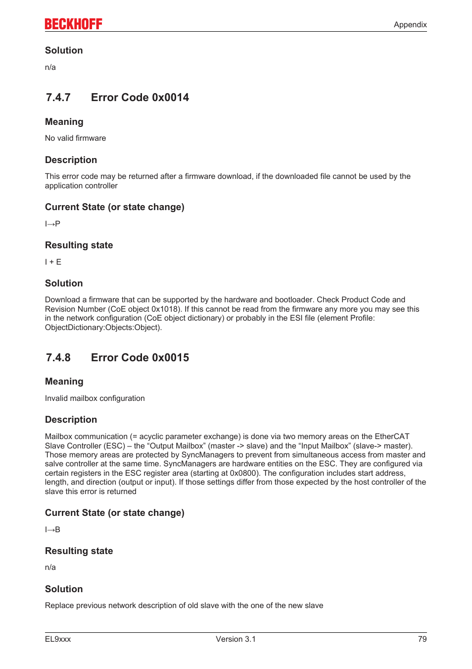 7 error code 0x0014, 8 error code 0x0015 | BECKHOFF EL9xxx User Manual | Page 79 / 100