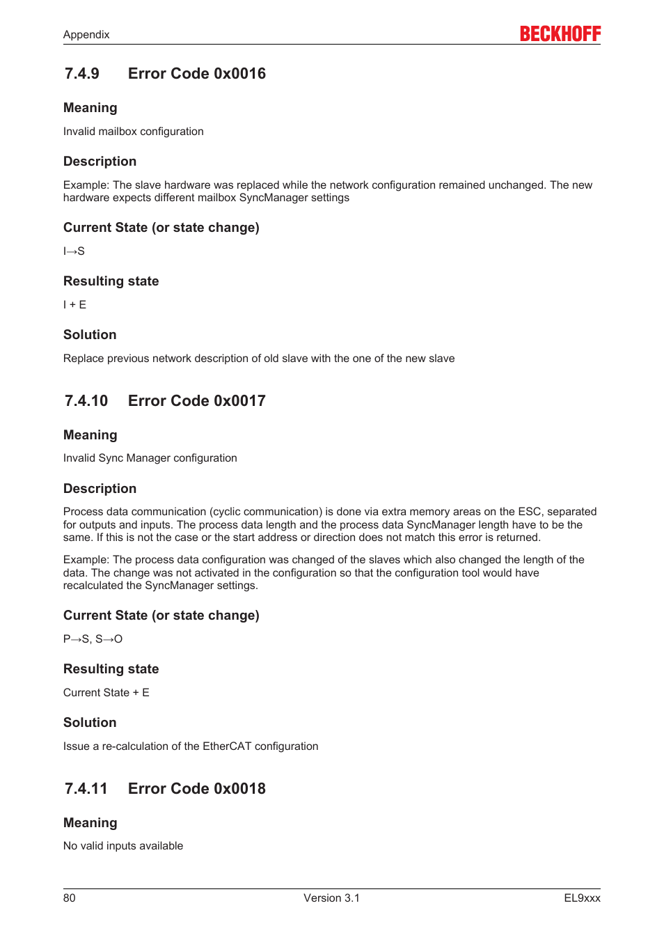 9 error code 0x0016, 10 error code 0x0017, 11 error code 0x0018 | BECKHOFF EL9xxx User Manual | Page 80 / 100
