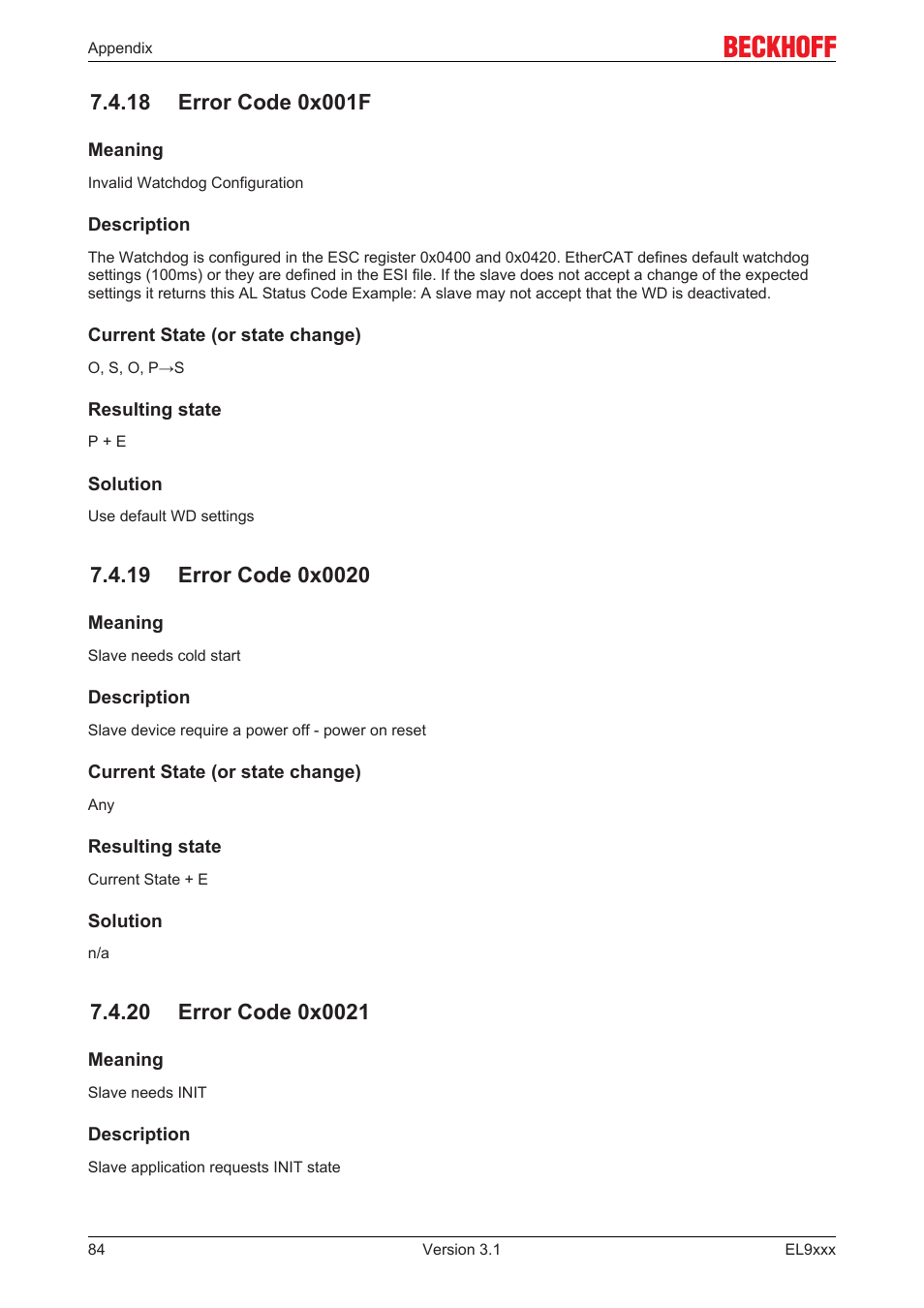 18 error code 0x001f, 19 error code 0x0020, 20 error code 0x0021 | BECKHOFF EL9xxx User Manual | Page 84 / 100