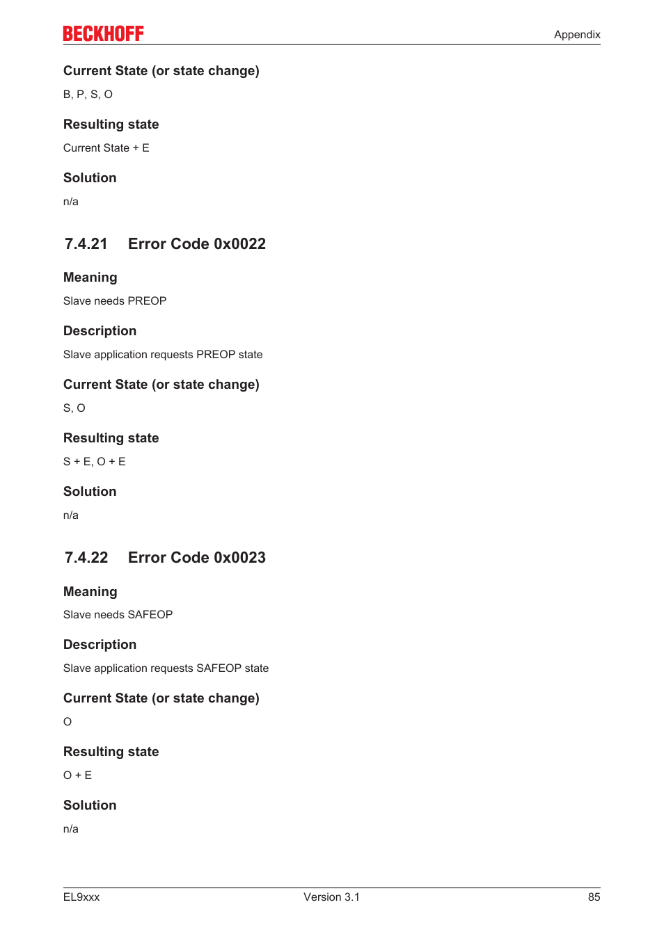 21 error code 0x0022, 22 error code 0x0023 | BECKHOFF EL9xxx User Manual | Page 85 / 100