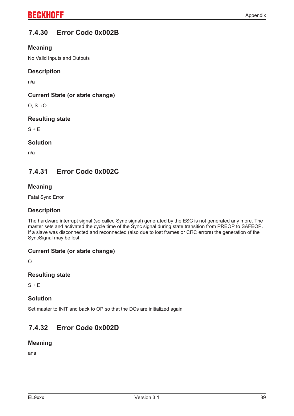 30 error code 0x002b, 31 error code 0x002c, 32 error code 0x002d | BECKHOFF EL9xxx User Manual | Page 89 / 100