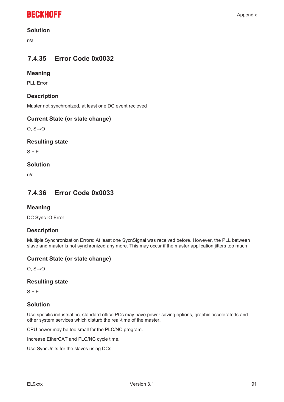 35 error code 0x0032, 36 error code 0x0033 | BECKHOFF EL9xxx User Manual | Page 91 / 100