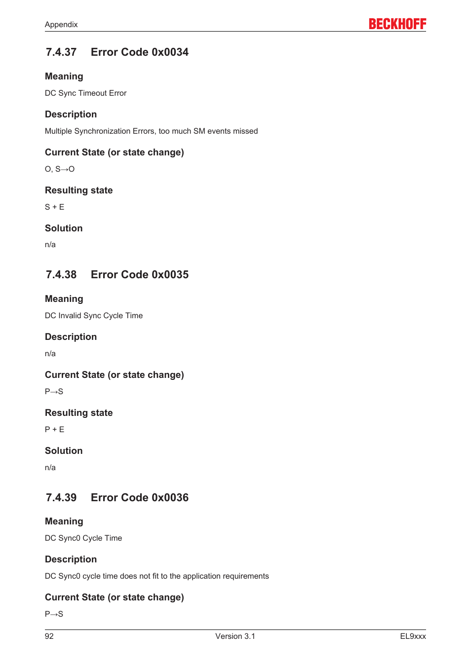 37 error code 0x0034, 38 error code 0x0035, 39 error code 0x0036 | BECKHOFF EL9xxx User Manual | Page 92 / 100