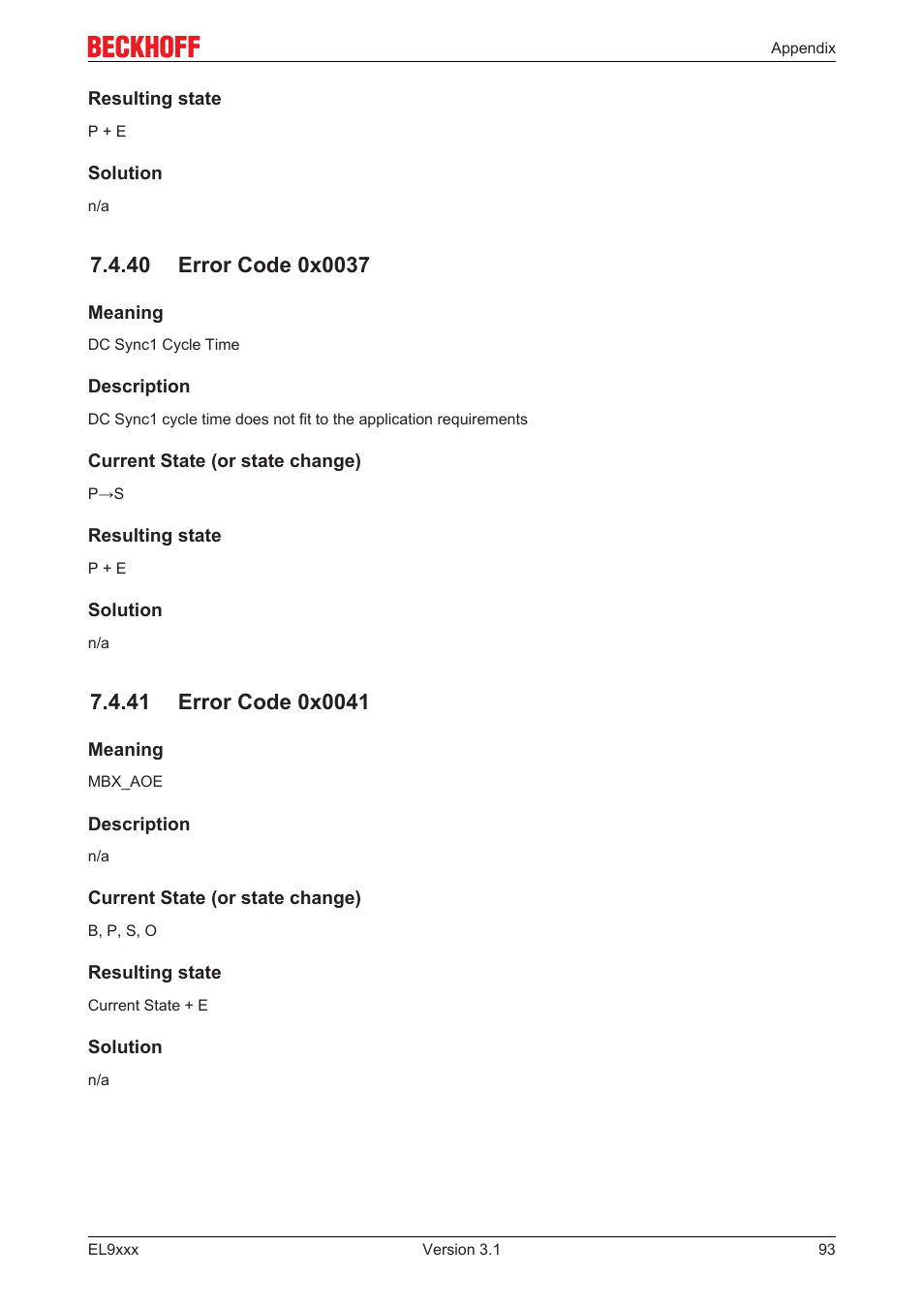 40 error code 0x0037, 41 error code 0x0041 | BECKHOFF EL9xxx User Manual | Page 93 / 100