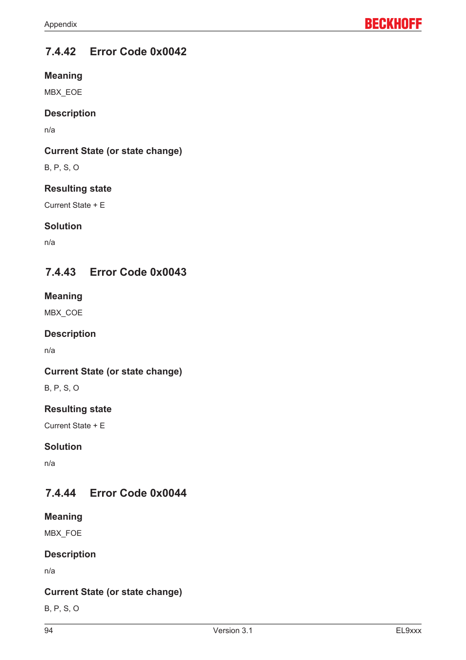 42 error code 0x0042, 43 error code 0x0043, 44 error code 0x0044 | BECKHOFF EL9xxx User Manual | Page 94 / 100